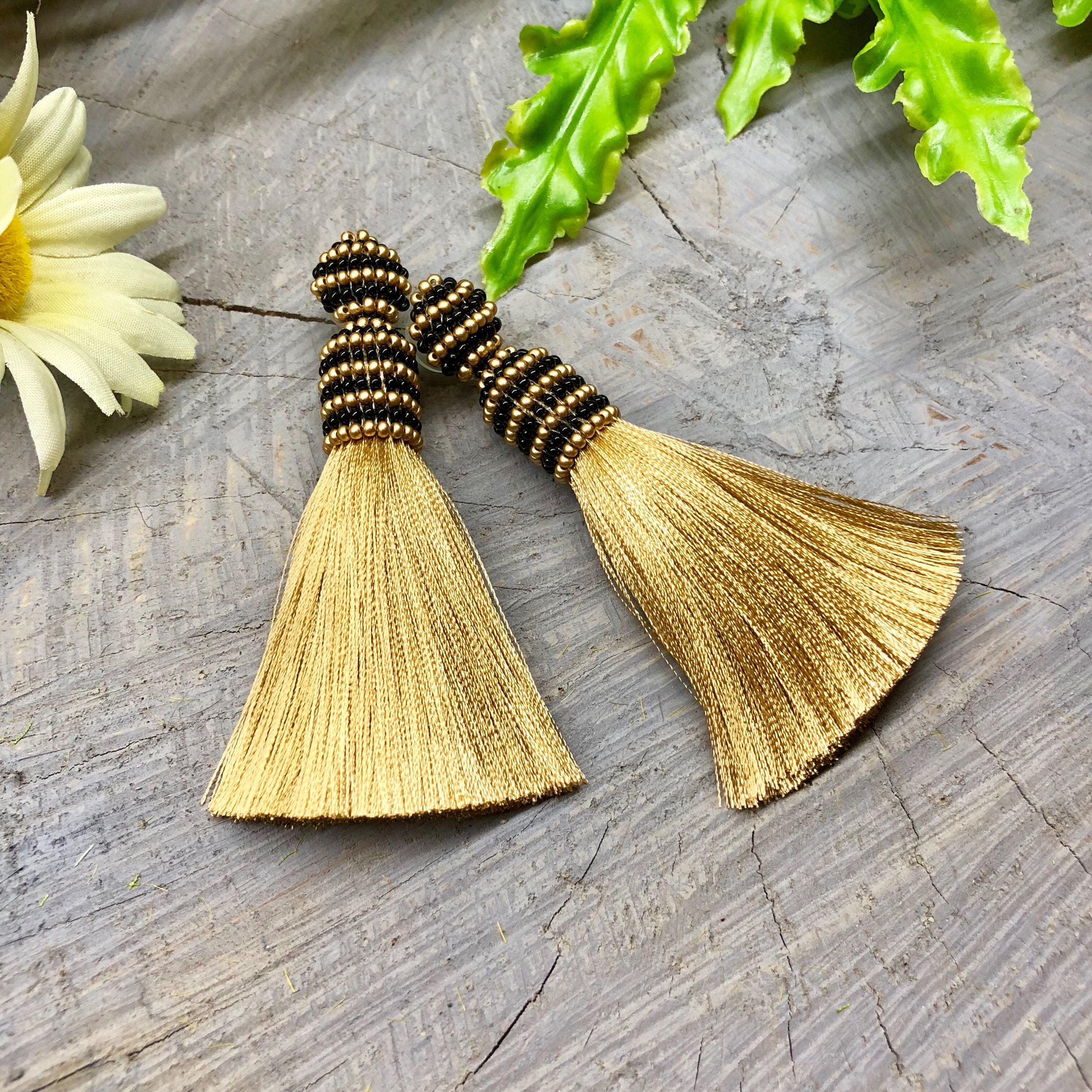 Christmas gold tassel earrings Beaded black long tassels Etsy