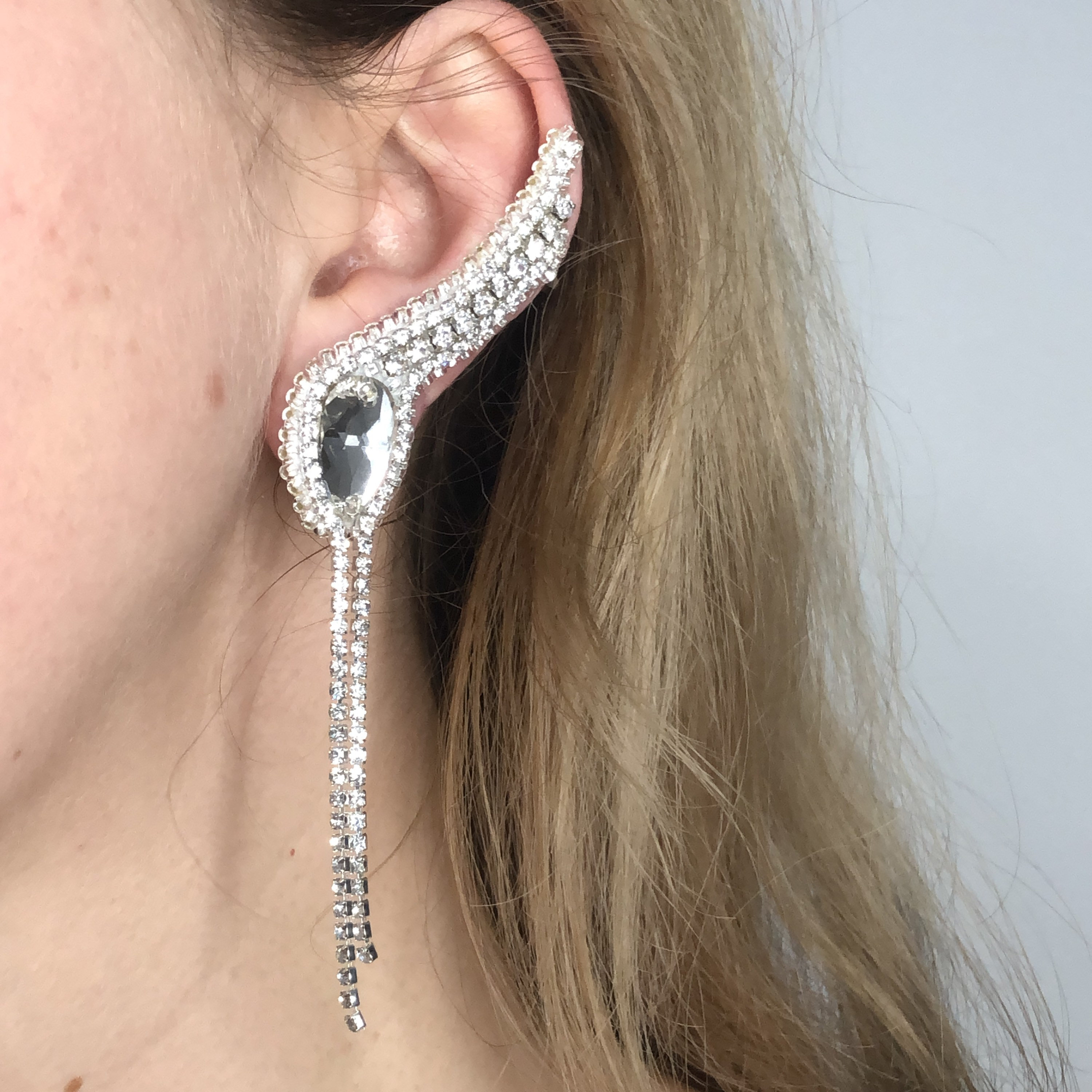 Silver Large Non Pierced Ear Cuff Earrings Mono Earrings Long Fake