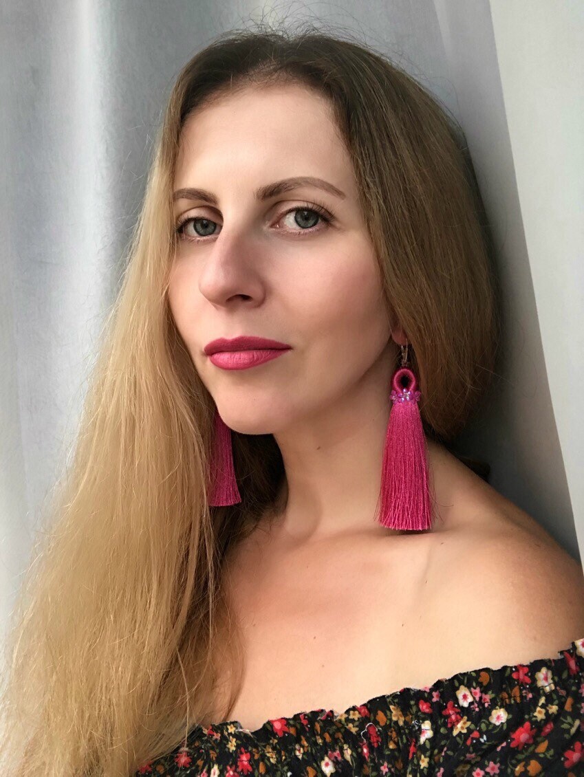 Pink Christmas tassel earrings for bride Coral hoop macrame | Etsy