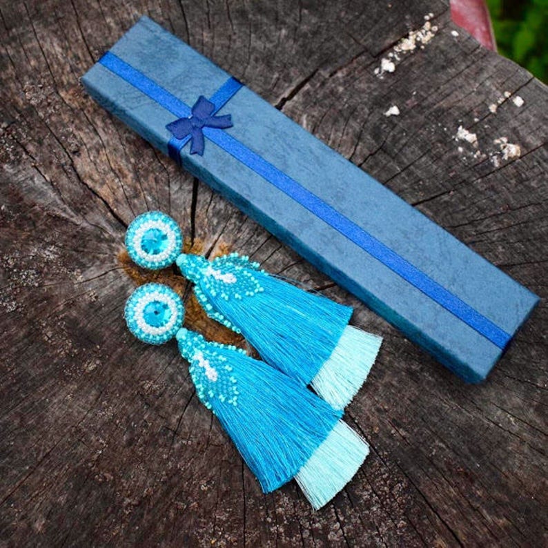 Ombre blue tassel earrings Big fall macrame earrings Christmas Etsy