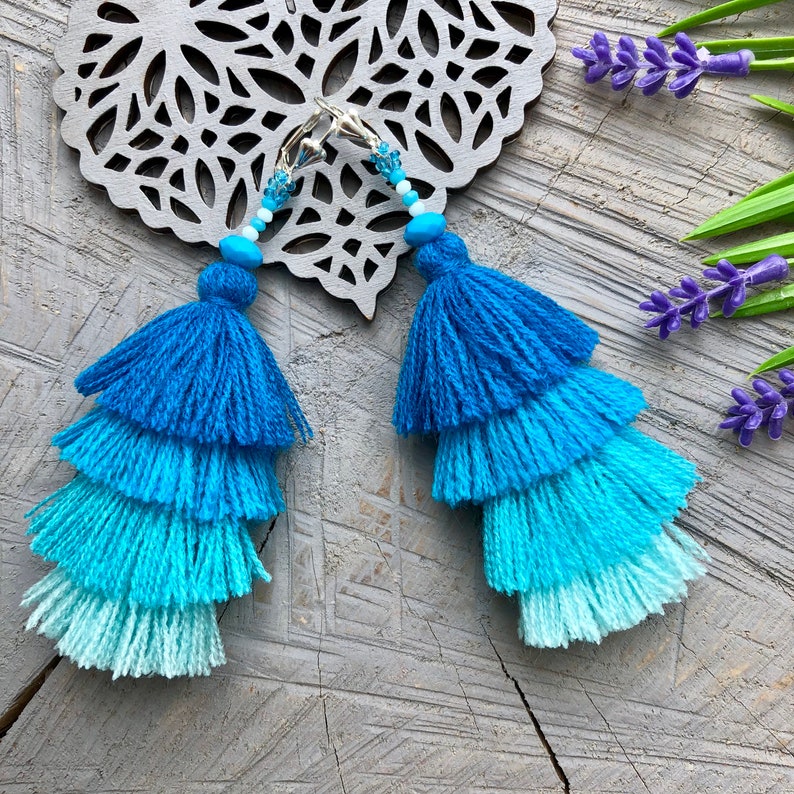 Blue ombre tassel earrings Macrame tiered earrings Green Etsy