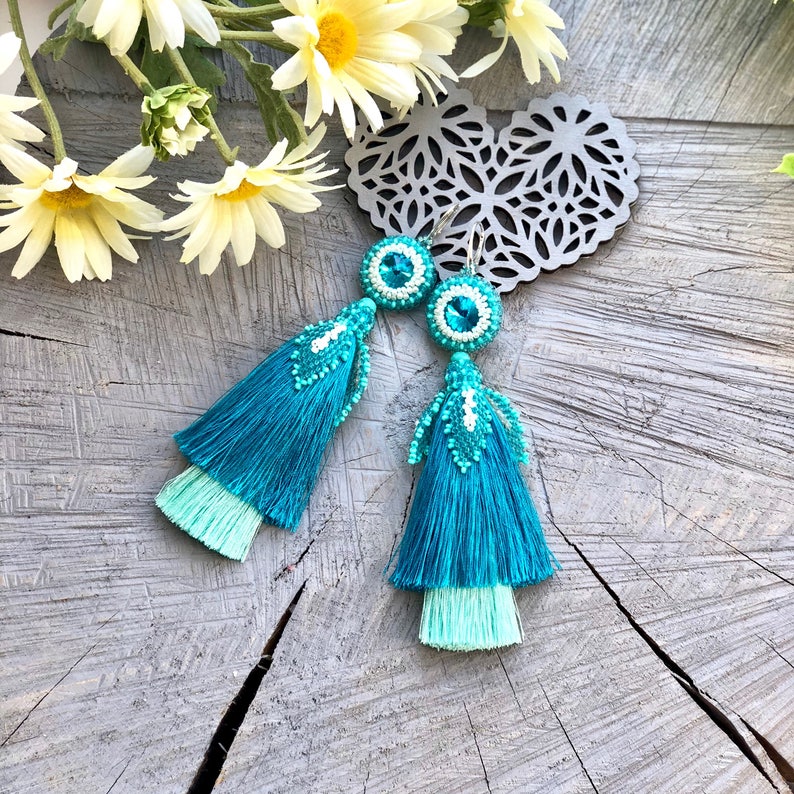 Ombre blue tassel earrings Big fall macrame earrings Christmas Etsy