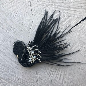 Beaded black swan brooch Bird gift for mom Black bird ornaments brooch Swan feather brooch beads Big pendant brooch