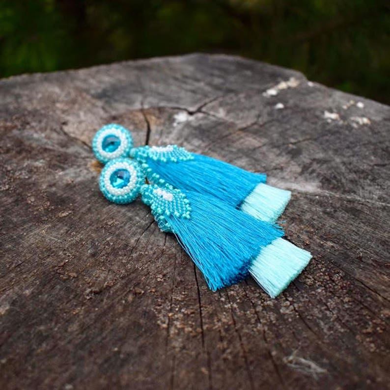Ombre blue tassel earrings Big fall macrame earrings Christmas Etsy