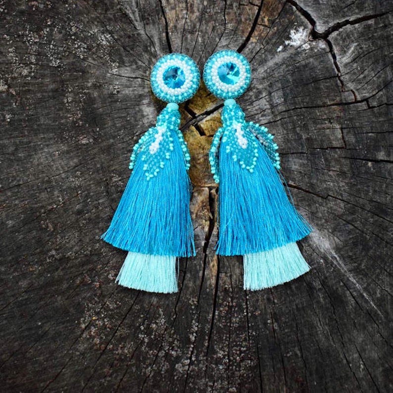 Ombre blue tassel earrings Big fall macrame earrings Christmas Etsy