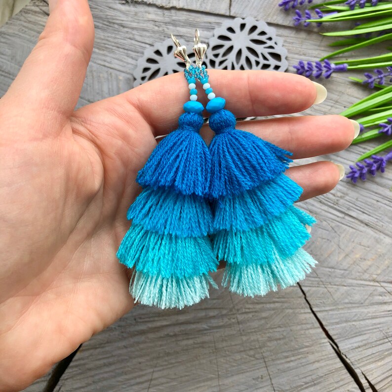 Blue ombre tassel earrings Macrame tiered earrings Green Etsy