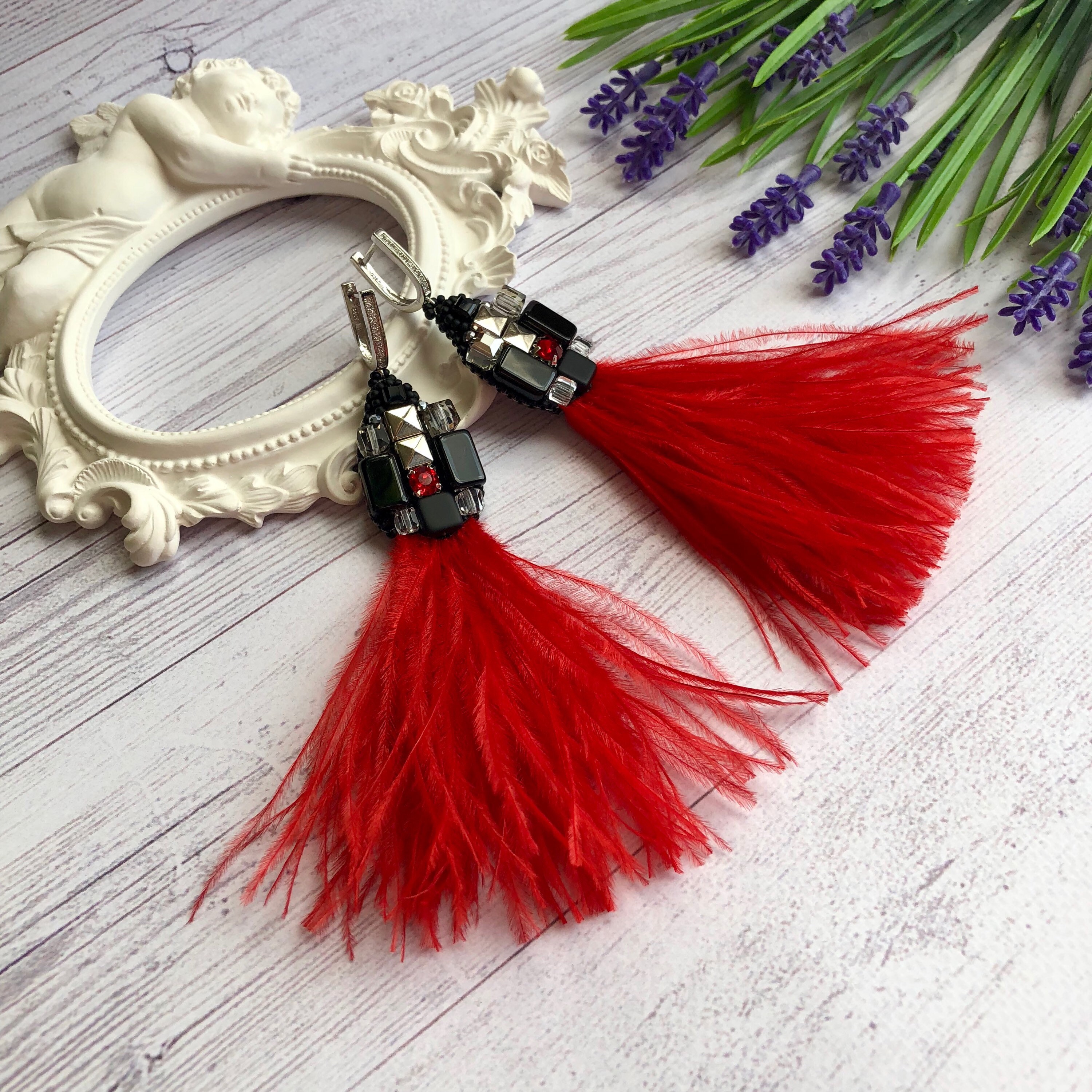Red Feather Earrings for Bride Black Ostrich Feathers Beaded Etsy