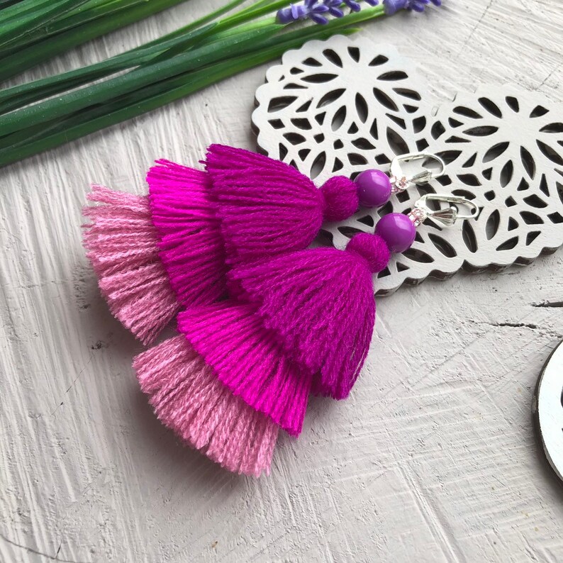 Grey Ombre Tassel Earrings Three Layered Tassels Blue Tiered Etsy