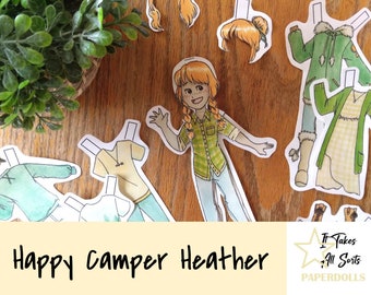 Happy Camper Heather- It Takes All Sorts Paperdolls Series Green Yellow Mountains