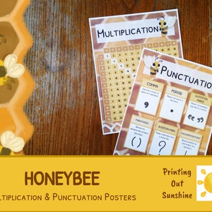 May include: Two printable posters featuring a honeybee theme. The first poster is a multiplication chart with numbers 1 through 12. The second poster is a punctuation guide with illustrations of a comma, period, question mark, exclamation point, parentheses, and quotation marks.