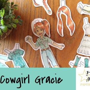 May include: Cowgirl Gracie paper doll set with a variety of outfits, including a plaid shirt, denim jeans, a white dress, and a blue denim skirt. The set also includes a cowboy hat and a pair of boots. It Takes All Sorts Paperdolls.
