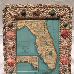 Vintage kaart van Florida (origineel ca. 1930's) in handgemaakte shell frame