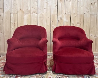 Een paar bordeauxrode fluwelen paddenstoelfauteuils - in Napoleon III-stijl