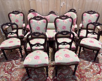 Napoleon III 9-piece living room set in solid mahogany with rose fabric
