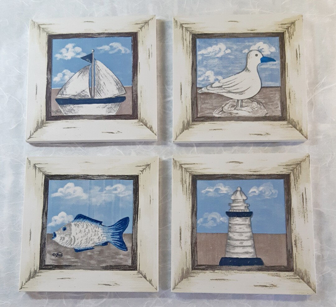 Beach Nautical Themed Wall Art Picture Plaque Bathroom Set of Etsy
