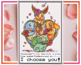 Pokemon-wenskaart vriendin vriendje | Liefde en vriendschap| Charmander Eevee Squirtle en Bulbasaur | Verjaardagsuitnodiging Pokemon Fan