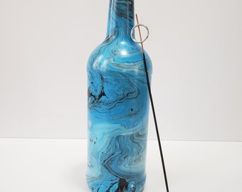 Blue, black and white swirl painted, hydro dipped, incense burner, glass bottle