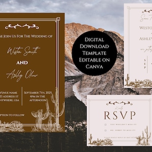 Conjunto de plantillas de invitación de boda occidental neutral, guardar la fecha occidental neutral, tarjetas RSVP: editables en Canva, ¡no necesita una cuenta Canva Pro!