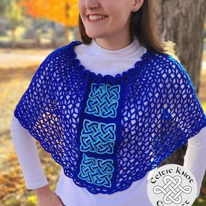 May include: A blue crochet shawl with a Celtic knot design. The shawl is worn by a person standing in front of a tree with fall foliage. The text "Celtic Knot Crochet" is visible in the lower right corner of the image.