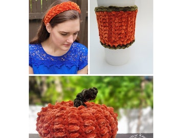 Fall Crochet Pattern Bundle, Autumn Crochet Patterns, Crochet Pumpkin, Crochet Headband, Crochet Coffee Cup Cozy, Velvet yarn projects