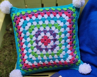 Crochet Pillow, Granny Square Pillow, Crochet Granny Square Pillow, Reading Pillow, Pocket Pillow, Crochet Home Decor, Pom-Pom Pillow