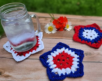 Patriotic Coaster, Red White & Blue, Patriotic Decoration, 4th of July Decor, Memorial Day Decoration, Crochet Coaster, Star Coaster