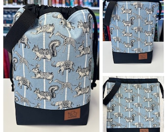 Made to Order Small Knitting Project Bag, Crochet Bag, Cosmetic Bag, Sevenberry Fabric Drawstring Bag, Elephants,  Squirrels, Hares, Giraffe