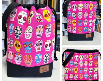 Made to Order Small Knitting Project Bag, Crochet Bag, Cosmetic Bag, Dashwood Studio Fiesta Fabric Bag, Sugar Skull Project Bag