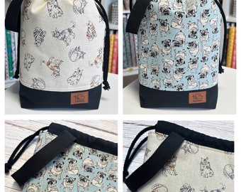Made to Order Small Knitting Project Bag, Crochet Bag, Cosmetic Bag, Japanese Cotton/Linen Fabric Bag, Cats, Flowers, Bobbins, Pugs