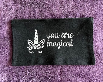 Black Zippered Canvas Makeup Bag | Travel Cosmetic Pouch | Organizer Bag - Unicorn/You are Magical