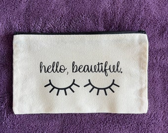 Tan Canvas Zip Pouch - Hello, Beautiful