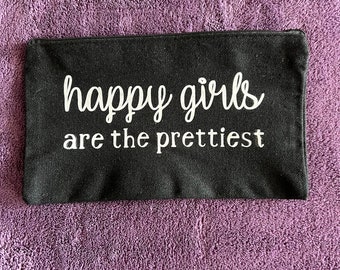 Black Zippered Canvas Makeup Bag | Travel Cosmetic Pouch | Organizer Bag - Happy Girls are the Prettiest