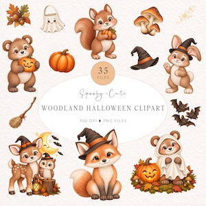 Puede incluir: Una colección digital de 35 archivos de imágenes prediseñadas de Halloween en el bosque con ilustraciones en acuarela de un oso, ardilla, conejo, zorro, búho y ciervo con calabazas, sombreros de bruja, fantasmas, murciélagos, setas y bellotas, Spooky-Cute.