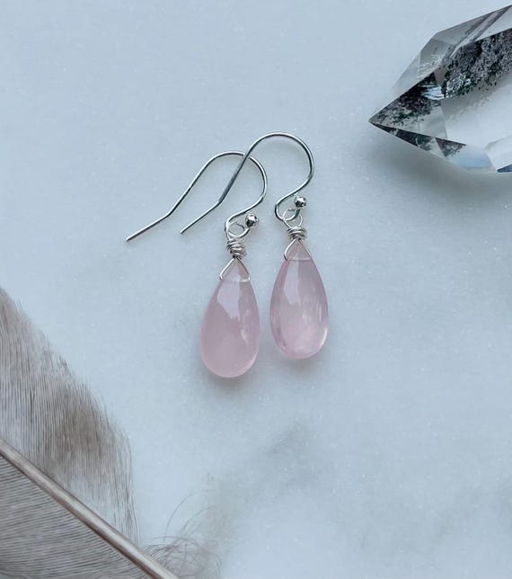 Rose Quartz Earrings Sterling Silver Teardrop Dangles, Pink