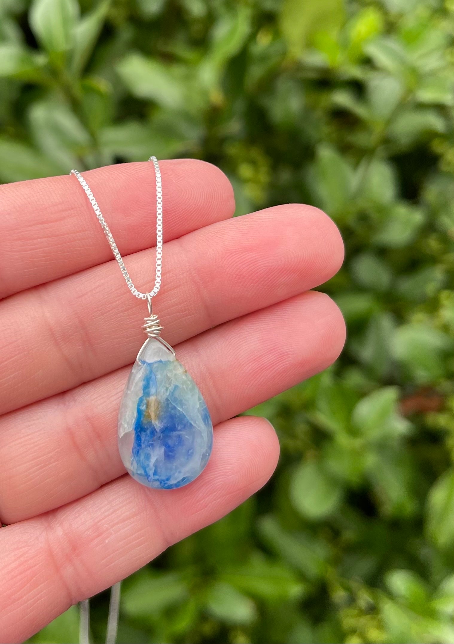 Crystal Necklace for Women, Blue Stone Necklace, .925 Sterling Silver Jewelry, Teardrop Pendant, Natural Gemstone, Handcrafted Gift