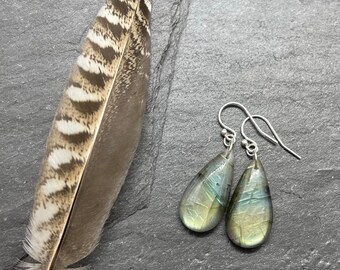 Labradorite Gemstone Earrings, Protection Healing Crystal Jewelry, Sterling Silver Labradorite Earrings