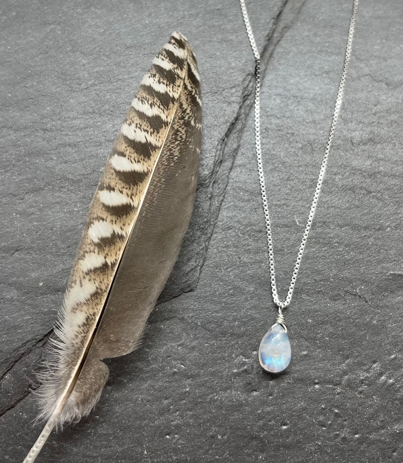 May include: A silver necklace with a teardrop-shaped moonstone pendant. The pendant is wire-wrapped and hangs from a delicate chain. A large feather with brown and white markings is positioned to the left of the necklace on a dark gray surface.