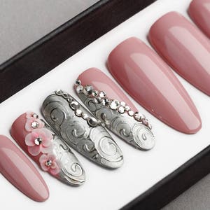 Silver Laces Press on Nails With Rhinestones & Acrylic 3D - Etsy