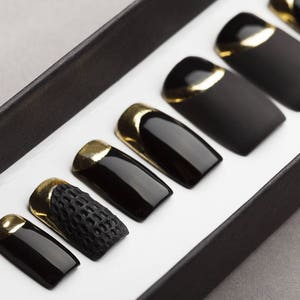 Black Matte and Gloss Press on Nails with Gold and Texture Nail Art Fake Nails False Nails Glue On Nails Gift For Her image 1