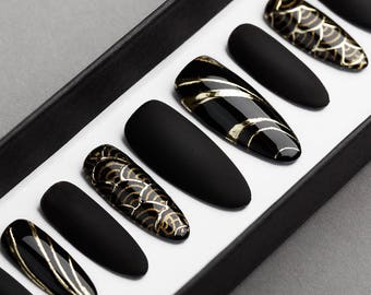 Black & Gold Abstraction Press on Nails • Black Pattern • Hand painted Nail Art • Fake Nails • False Nails