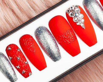 Red & Silver Press on Nails with Rhinestones • Wedding nails • Fake Nails • False Nails • Glue On Nails • Bridal nails • Gift For Her