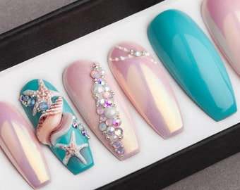 3D Seashell Press-On Nails • Mermaid Luxury Rhinestone Nail Art