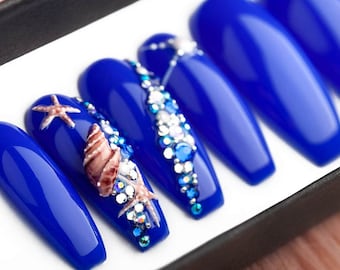 Under the Sea Nails with 3D Shell and Starfish (blue color) • Nail Art • Fake Nails • Glue On Nails • Acrylic sculpting