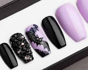 Halloween Bats Press on Nails with Rhinestones • False Nails • Glue On Nails • Hand-painted Nail Art • Fake Nails