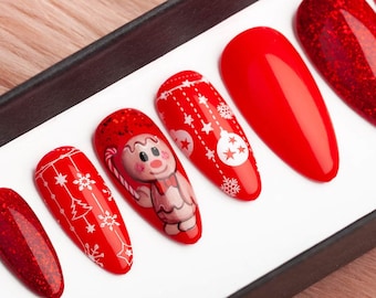 Gingerbread Man Christmas Press on Nails • Winter nails • New Year Nails • 2023 nails • Christmas nails • Fake Nails • False Nails