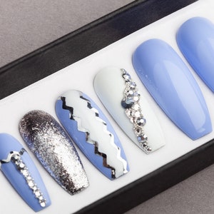 Sky Blue Press on Nails with Rhinestones • Hand-painted Nail Art • Fake Nails • False Nails • Glue On Nails