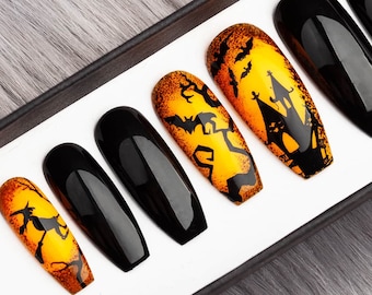 READY TO SHIP Halloween Town Press on Nails • Witches • False Nails • Glue On Nails • Fake Nails • Pumpkin