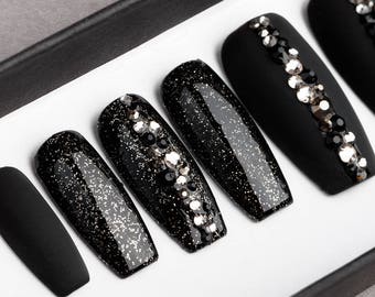 Black Abstract Press On Nails with Rhinestones • Hand painted Nail Art • Fake Nails • False Nails