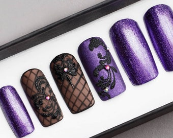 Violet Glitter Press on Nails with Rhinestones • Black Pattern • Hand painted Nail Art • Fake Nails • False Nails