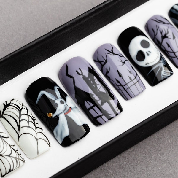 Halloween nails, Nightmare Press on Nails • Fake Nails • False Nails • Glue On Nails • Hand-painted Nail Art